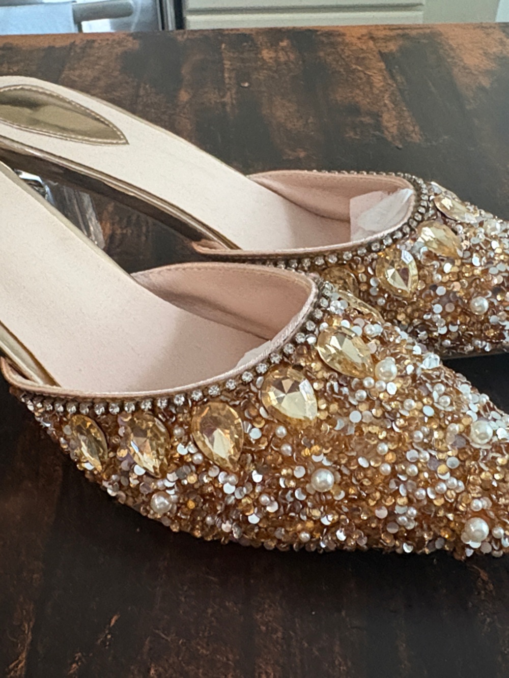Embellished Gold Pointed Toe Mule Heels - Women Reception dinner